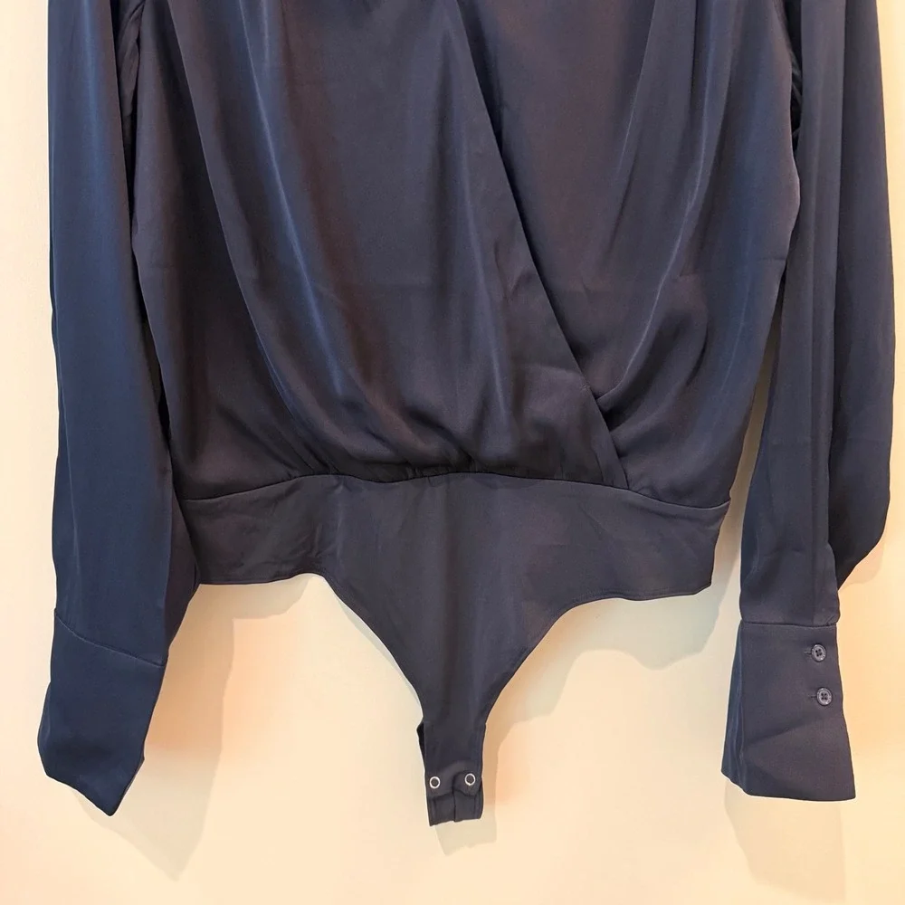 Quince Washable Stretch Silk Surplice Bodysuit Wrap Front Long Sleeve Date Navy